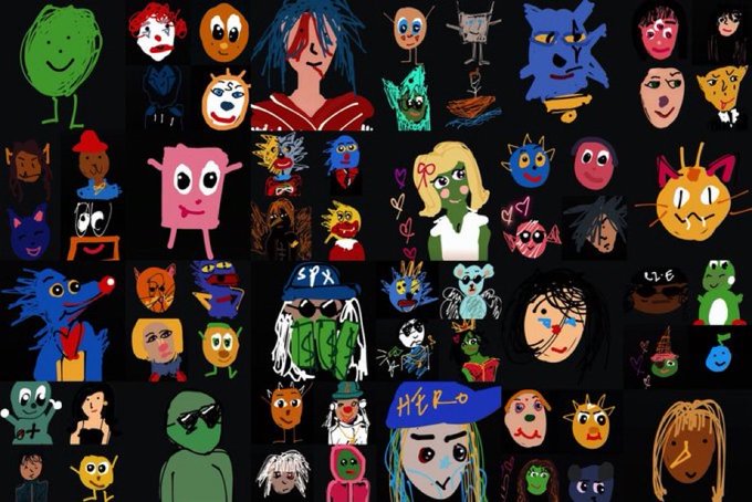 A collage of dozens of crudely drawn cartoon avatars in a chaotic grid layout, matching the post's offer to draw "ugly" versions of crypto PFPs. Visible text includes "4/E", "H€R_O", "at", and "HEART" scattered across some of the doodles.