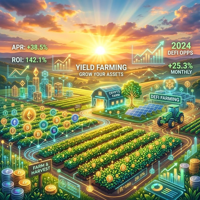 A vibrant digital illustration promoting yield farming and DeFi, showing a 'CRYPTO FARM' with crops, solar panels, and tractors, displaying metrics like 'APR: +38.5%', 'ROI: 142.1%', '+25.3% MONTHLY', and the tagline 'YIELD FARMING GROW YOUR ASSETS' with '2024 DEFI OPPS'.