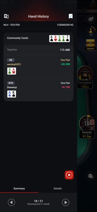 A mobile poker hand history screen showing community cards 6♠ 8♥ 5♣ 6♣ 7♠, a total pot of 173.4BB, with player wesley6551 winning Two Pair (+86.5BB) and Deeeerp losing One Pair (-86.7BB).