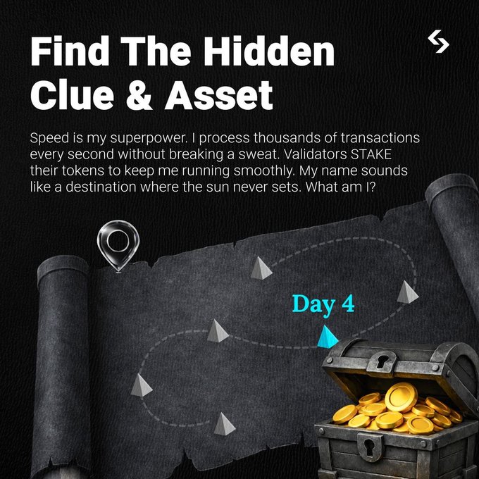 The image features a "Find The Hidden Clue & Asset" puzzle with a treasure map, golden chest, and Day 4 riddle about a fast blockchain network where validators stake tokens. It promotes BitgetAfrica's Gold Rush Hunt, encouraging users to solve the riddle about Solana (an asset whose name resembles a destination where the sun never sets) and tweet their answer to win rewards.
