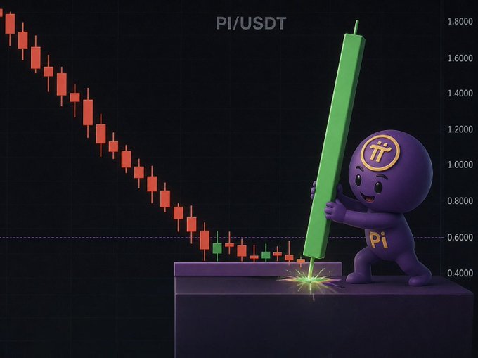 A Pi Network (PI/USDT) trading chart showing a dramatic price reversal with a purple Pi Network mascot holding a large green candlestick, illustrating a strong upward price movement.
