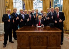 A humorous photo manipulation showing multiple figures resembling Donald Trump gathered in the Oval Office around the Resolute Desk.