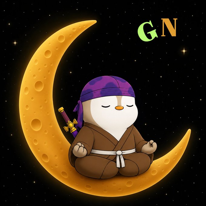 A cartoon character in monk robes with a purple bandana meditates peacefully on a crescent moon against a starry night sky, with "GN" (good night) displayed in green and orange letters, perfectly matching the post's request for a "good night" message before tomorrow's plans.