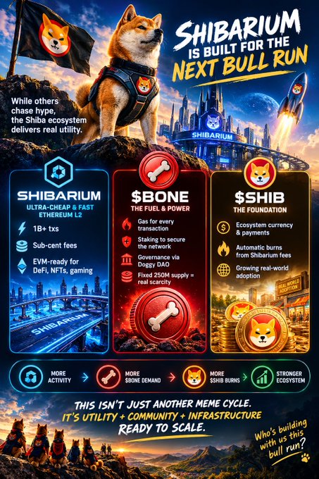 A promotional infographic for Shiba Inu's Shibarium ecosystem featuring a Shiba Inu dog with the text "SHIBARIUM IS BUILT FOR THE NEXT BULL RUN" and sections explaining the SHIBARIUM, $BONE, and $SHIB tokens.