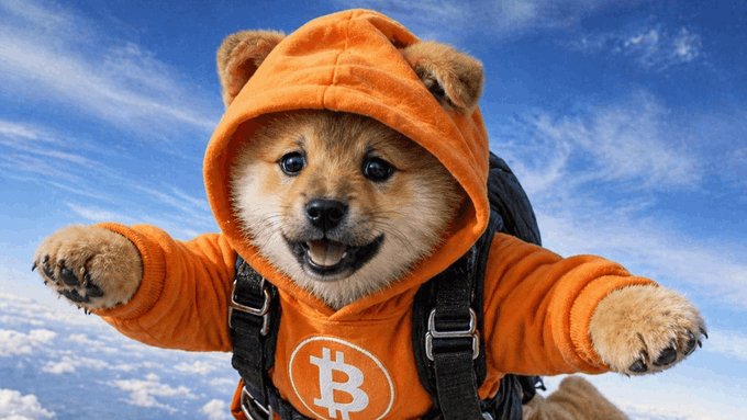 A Shiba Inu dog wearing an orange hoodie with the Bitcoin "₿" logo and a parachute/harness, shown skydiving against a backdrop of blue sky and clouds.