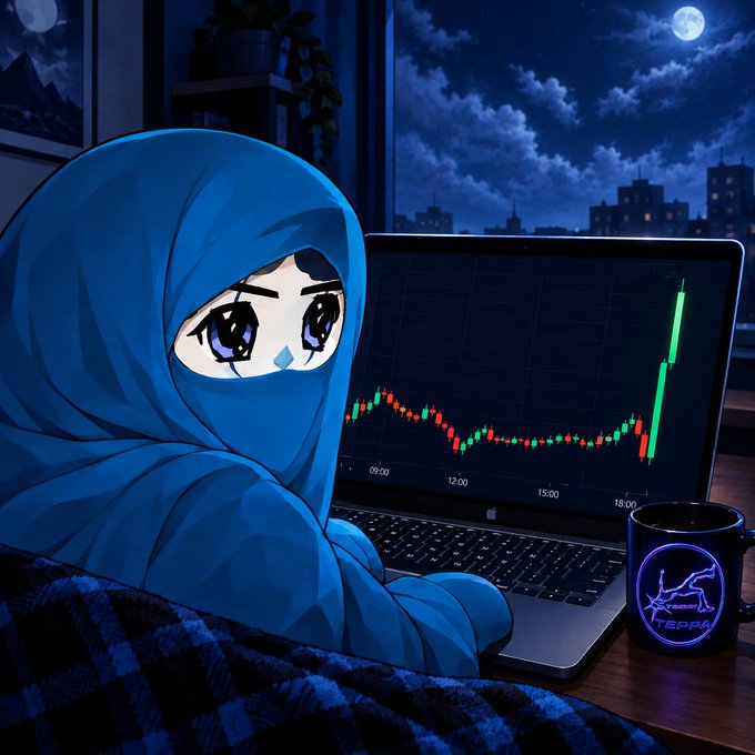 An anime-style character in a blue hooded robe sits at a laptop displaying a green and red stock chart, with a glowing mug reading 'TRUMP 2028' beside them under a night sky.