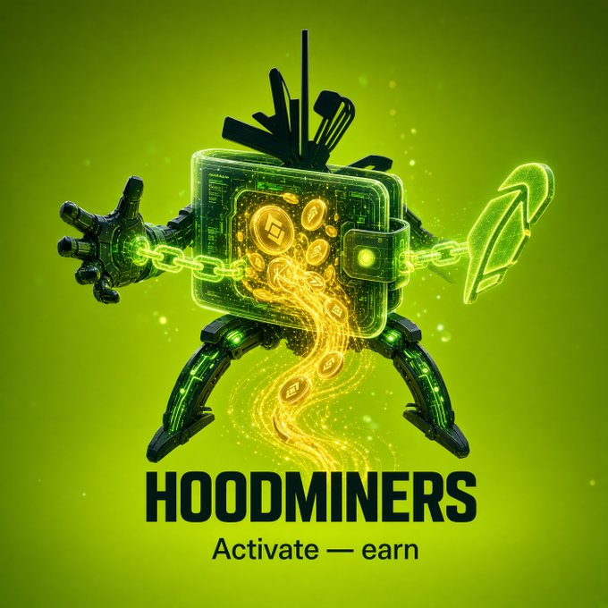 A vibrant green promotional graphic for 'HOODMINERS' featuring a robotic figure with a transparent wallet on its chest from which golden coins flow, with the tagline 'Activate — earn'.