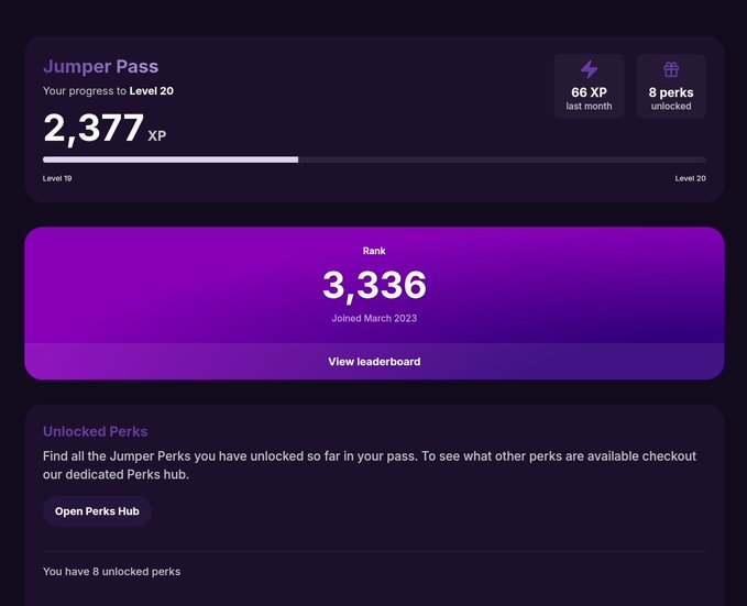 Jumper Pass dashboard showing 2,377 XP progress toward Level 20, with 66 XP earned last month, 8 perks unlocked, and a Rank of 3,336 (joined March 2023).