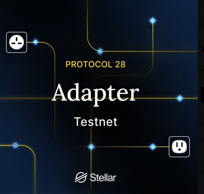 A digital graphic for "Protocol 28 Adapter Testnet" on the Stellar blockchain, featuring stylized power outlet icons connected by glowing blue circuit lines on a dark blue background.