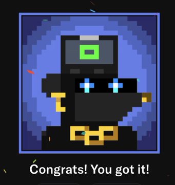 A pixelated black robot character with a green digital eye and golden accents celebrates with confetti, accompanied by the text "Congrats! You got it!" — representing a successful "double mint" of ETH and Robin-themed NFTs being acquired, as referenced in the accompanying post.