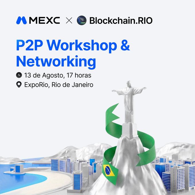 A promotional graphic for a MEXC x Blockchain.RIO "P2P Workshop & Networking" event on August 13 at 5 PM at ExpoRio, Rio de Janeiro, featuring a 3D illustration of Rio's Christ the Redeemer statue wrapped in a Brazilian flag ribbon above a stylized cityscape. The image visually reinforces the post's invitation to attend the networking event in Rio by showcasing the iconic Brazilian landmark and clearly displaying the event's date, time, and partner brands.