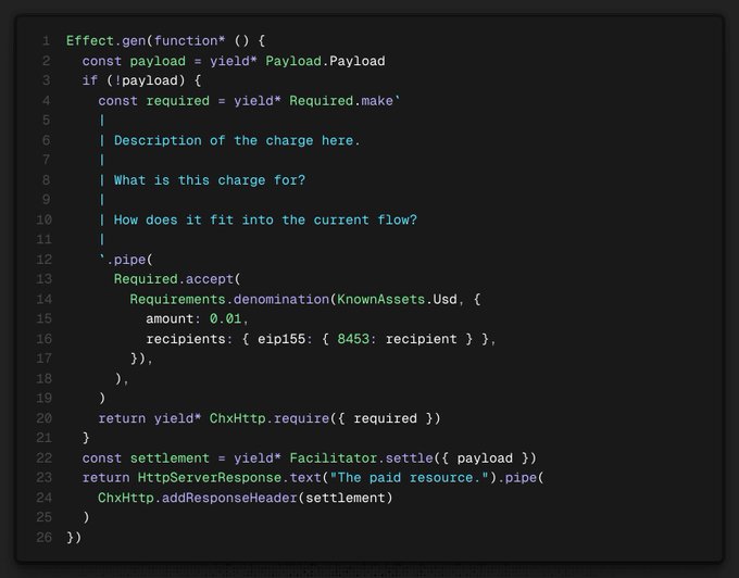 A code snippet defining an `Effect.gen` function that handles a payload, creates a required charge in USD using an Elliptic curve address, and returns a payment resource via an HTTP request.