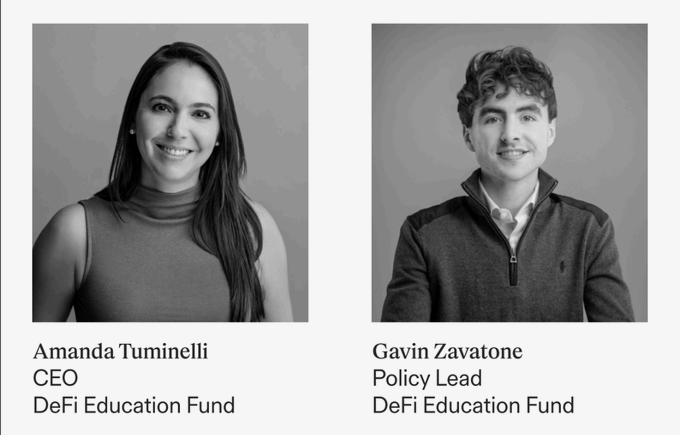 Black and white professional headshots of Amanda Tuminelli (CEO) and Gavin Zavatone (Policy Lead) from the DeFi Education Fund.