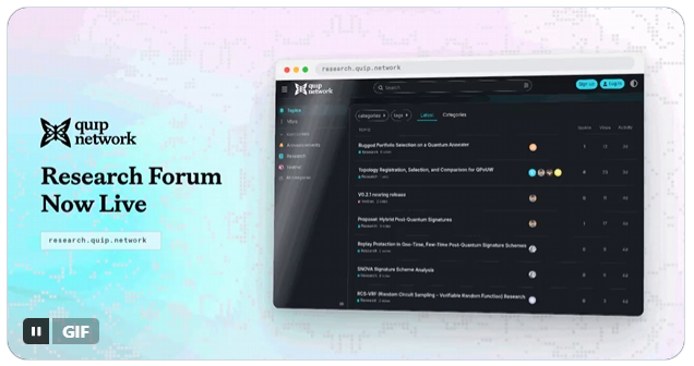 Promotional graphic for Quip Network's Research Forum with 'Now Live' text, showing a screenshot of their crypto research platform and the URL research.quip.network.