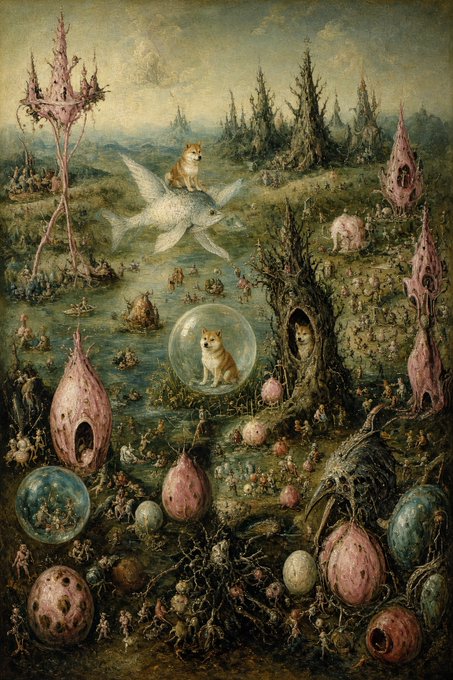 A surreal fantasy painting depicts a whimsical landscape filled with peculiar pink egg-shaped structures, large eggs, and tiny figures, with Shiba Inu dogs riding a flying fish and sitting inside a bubble.
