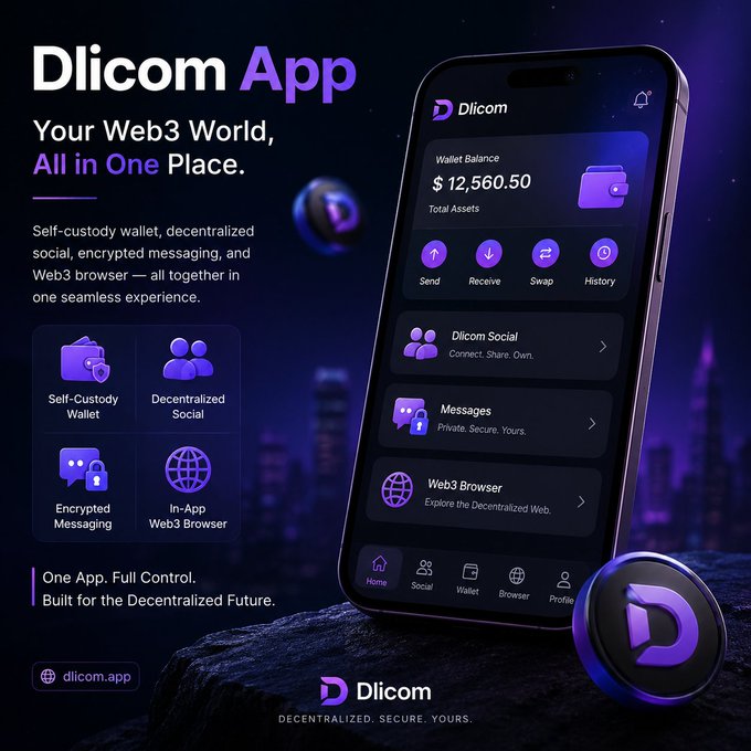 A promotional graphic for the "Dlicom App" — described as "Your Web3 World, All in One Place" — showcases a smartphone interface displaying a wallet balance of $12,560.50 alongside features like Send, Receive, Swap, History, Dlicom Social, Messages, and a Web3 Browser, visually reinforcing the post's message about DlicomApp combining a self-custody wallet, decentralized social, and encrypted messaging into one seamless experience.