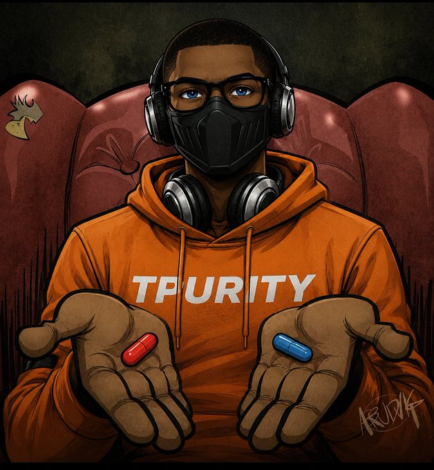 A stylized digital illustration depicts a masked figure wearing glasses and an orange hoodie emblazoned with "TPURITY," seated in a tufted red chair while holding out a red pill in one palm and a blue pill in the other—an obvious nod to *The Matrix*'s iconic choice. The image visually echoes the post's "choose your pill" metaphor, symbolizing the binary decision between mastering trading as a path to profit or falling victim to losses.