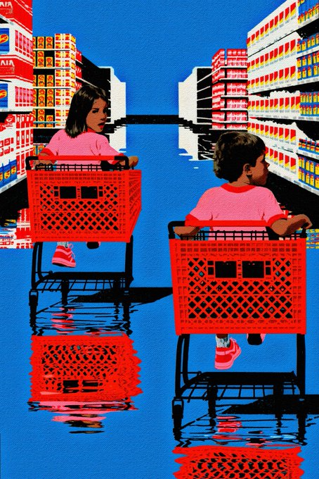 A stylized digital illustration showing two children in red shopping carts floating on a reflective blue surface, flanked by aisles of supermarket shelves.