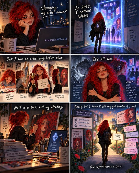 A six-panel artistic comic featuring a red-haired woman documenting her journey through Web3 and NFTs, with captions like "Changing my artist name?," "In 2022, I entered Web3," and "NFT is a tool, not my identity."