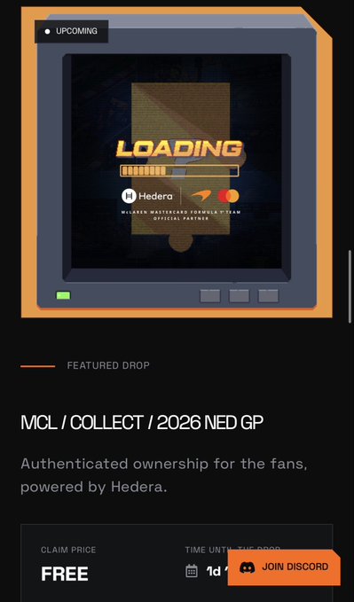 An upcoming featured drop for a free McLaren Collectible for the 2026 Dutch Grand Prix, displaying a retro arcade-style "LOADING" screen with McLaren Mastercard Formula 1 Team branding powered by Hedera, tied to the post promoting a free McLarenF1 collectible via HashPack wallet.