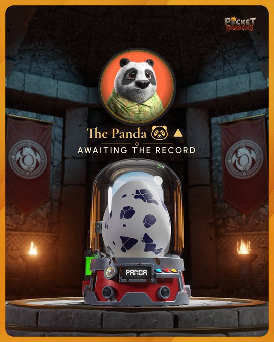 A promotional image for 'Pocket Dragons' featuring a panda character named 'The Panda' awaiting a record, standing behind a gacha machine dispensing a panda-patterned egg.