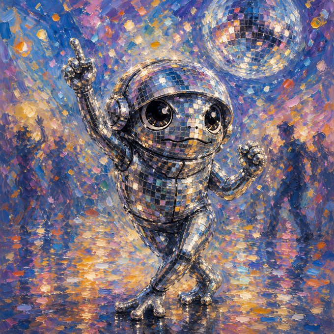 The image features a silver frog statue dancing on a disco ball, surrounded by colorful lights and people enjoying themselves at a party. The painting captures the essence of a disco party atmosphere with its vibrant colors and lively scene.