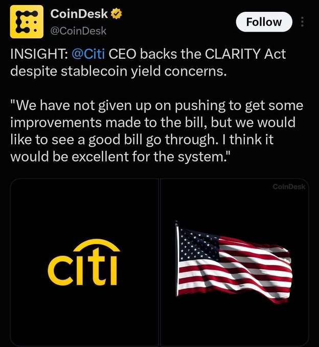 A CoinDesk tweet (@CoinDesk) quoting @Citi CEO Jane Fraser backing the CLARITY Act despite stablecoin yield concerns, accompanied by the Citi logo and an American flag.