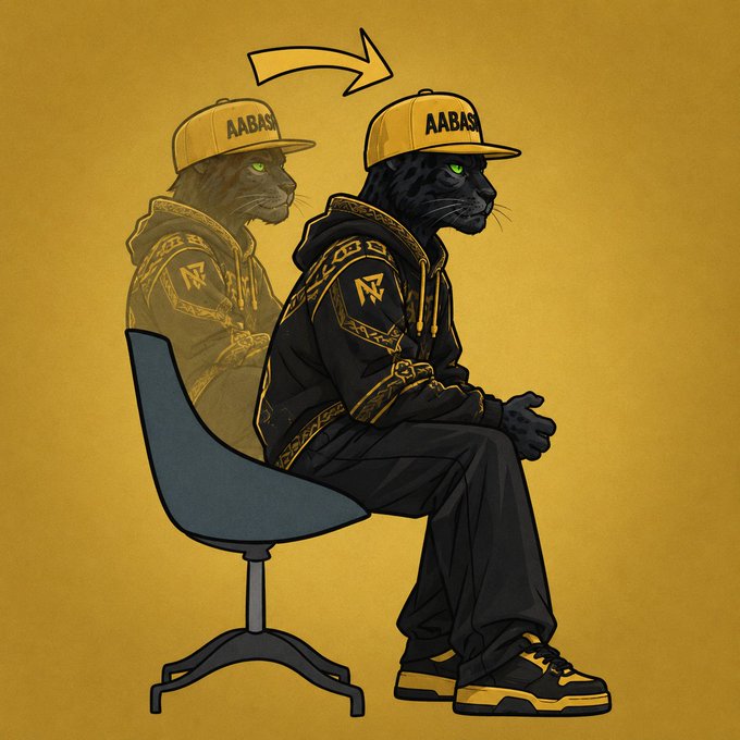 An illustration of a black panther wearing a yellow 'AABASH' cap and a black and gold hoodie, sitting on a chair with a transparent golden version of itself behind it.