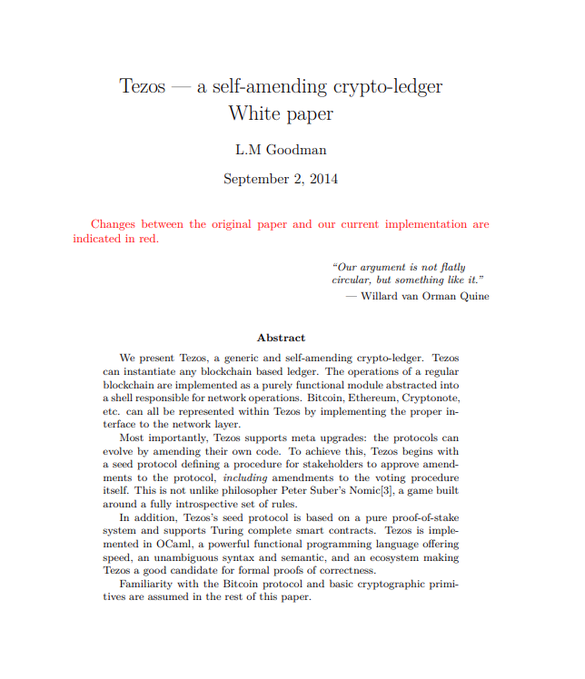 Title page of the 'Tezos — a self-amending crypto-ledger White paper' by L.M Goodman, dated September 2, 2014, featuring a red note about changes between the original paper and current implementation.