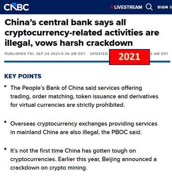 A CNBC headline from September 24, 2021, reads "China's central bank says all cryptocurrency-related activities are illegal, vows harsh crackdown," noting the People's Bank of China's prohibition on crypto trading, order matching, token issuance, derivatives, and overseas exchanges serving mainland China. The image illustrates the peak FUD moment referenced in the post, after which Bitcoin dropped 15% before surging 63% in just three weeks.