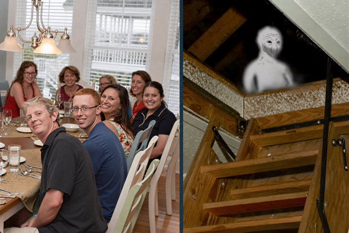 A split image contrasts a group of people smiling at a dinner table on the left with a creepy figure standing at the top of a staircase on the right.