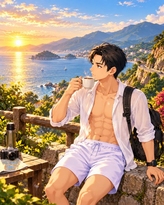 Anime-style artwork of a handsome young man in an open white shirt and shorts drinking coffee at a coastal overlook at sunset, with a camera, map, and thermos nearby.