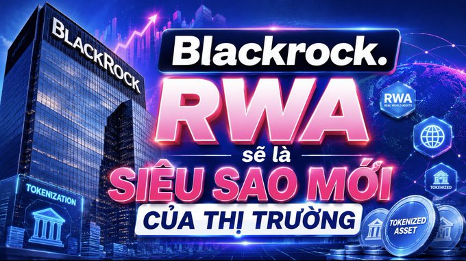 A promotional graphic featuring the BlackRock skyscraper alongside bold text declaring 'Blackrock RWA sẽ là SIÊU SAO MỚI của thị trường' (BlackRock RWA will be the new superstar of the market), surrounded by tokenization and RWA-themed icons.