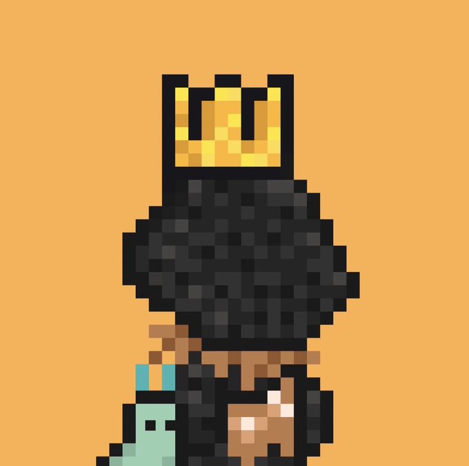 Pixel art of a figure wearing a golden crown and a black hooded cloak on an orange background.