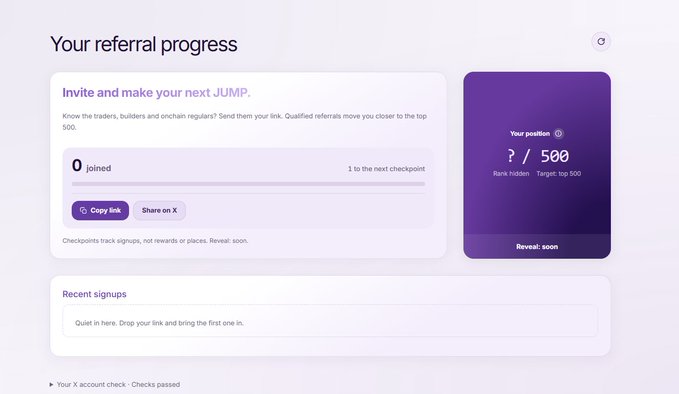 The image displays a referral progress dashboard titled "Your referral progress" with the heading "Invite and make your next JUMP," showing "0 joined" and a target of "500" position holders, along with a "Copy link" and "Share on X" button. The accompanying post promotes a Jump airdrop referral program, directing users to the waitlist link to register and accumulate signups for the eventual token distribution.