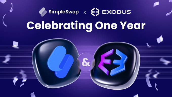 Promotional banner reading 'SimpleSwap x EXODUS Celebrating One Year' featuring the two brand logos joined by an ampersand against a purple confetti background.