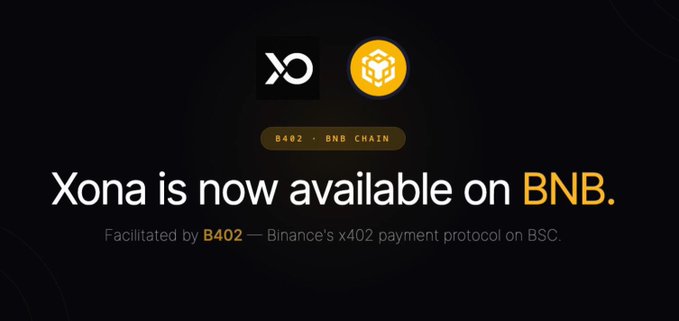 The image features a banner for Bitcoin Cash that includes two logos - one yellow and one black, with the text "Xona is now available on BNB" written below them. The banner also mentions that Xona has extended its pay per use beyond @x402 on Solana, which means users can now access the token using the Ethereum blockchain. Additionally, there are several agents built on the Ethereum platform by Xona, indicating a growing interest in the cryptocurrency space.