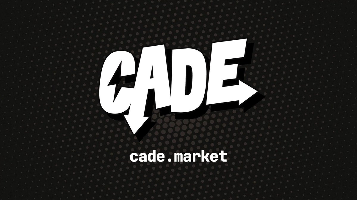 A logo for 'cade .market' featuring the word 'CADE' in bold white arrows on a black dotted background.