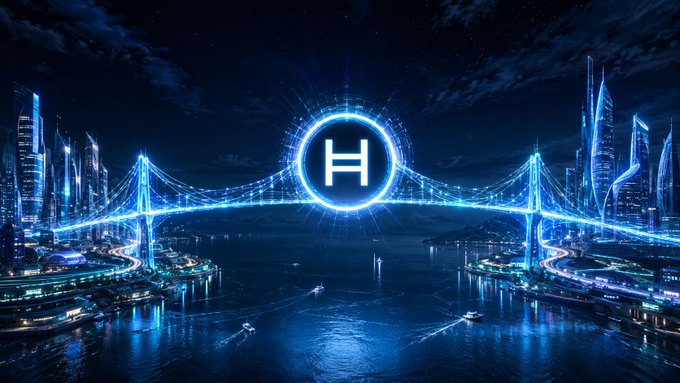 A futuristic, glowing blue cityscape at night showcases a massive suspension bridge with a large circular logo containing the letter 'H' in the center.