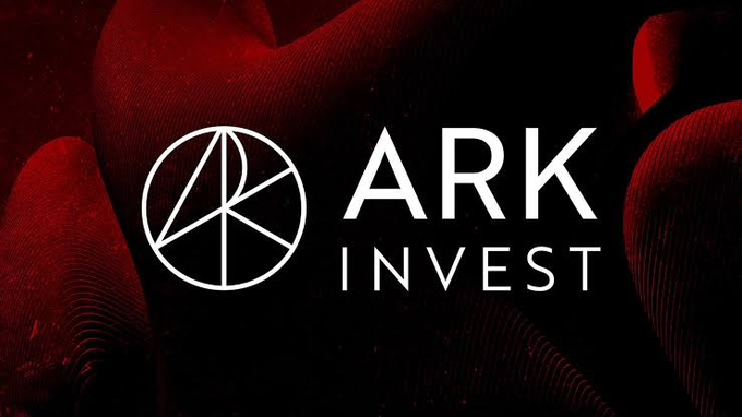 ARK Invest logo featuring a white circular emblem and text on a dark red background with a textured, abstract design.