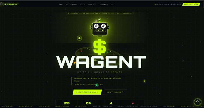 Website homepage for $WAGENT featuring a robot mascot and the tagline 'WE'RE ALL GONNA BE AGENTS' with a 'LAUNCHING SOON' button.