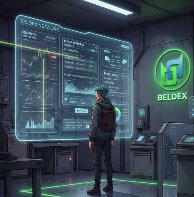 An anime-style illustration of a character with a backpack viewing a large digital display showing 'BELDEX NETWORK' trading charts and blockchain data.