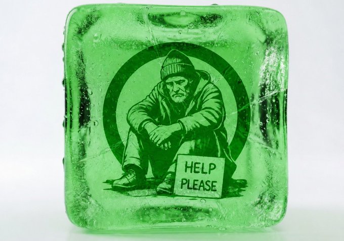 A translucent green ice cube containing an engraved image of a man sitting with a 'HELP PLEASE' sign.