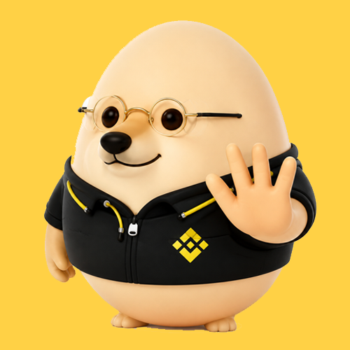 A 3D-rendered, anthropomorphic egg character wearing round glasses, a black zip-up hoodie with a yellow logo, and waving, with a Binance logo on its chest.