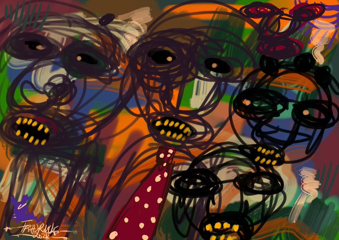 A vibrant, abstract painting featuring multiple stylized faces with prominent teeth, signed 'Jean Rude' in the bottom left corner.