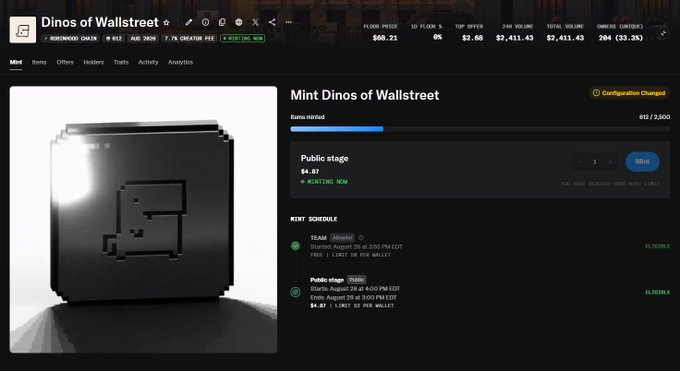 A screenshot of the "Dinos of Wallstreet" NFT mint page on Magic Eden showing a mint progress bar at 892/3600 (24.8%) with a floor price of $68.21, corresponding to the celebratory post about gaining ~100 followers and 153 space listeners after announcing the project would mint out.