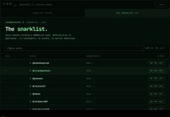 A screenshot of a cryptocurrency website displaying 'The snarklist.' with columns for rank, address, balance, and percent held, showing various wallet addresses.