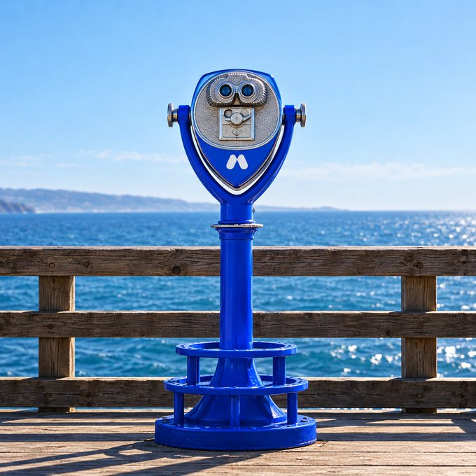 A bright blue coin-operated binocular viewer stands on a wooden pier overlooking the ocean, offering visitors a clearer look at the coastal scenery. The post's message about "the view" pairs perfectly with the sight-seeing device, while the "opportunities" likely refer to the broader possibilities beyond the picturesque horizon.