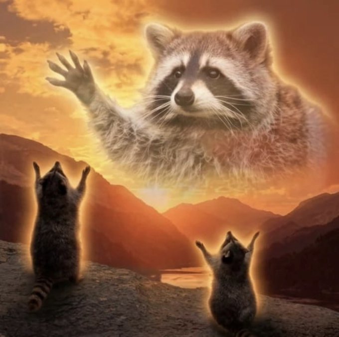 A surreal image showing a giant raccoon with a raised paw looming in a sunset sky over a valley, while two smaller raccoons stand below with their paws raised in worship.
