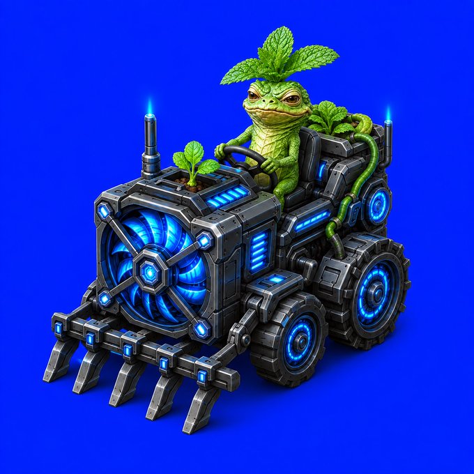 A 3D-style digital illustration of a green lizard-like creature with leafy hair driving a futuristic blue and gray mechanical vehicle with large wheels, set against a solid blue background.